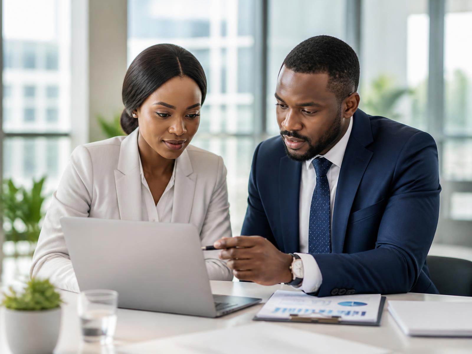 Two advisors reviewing a company's financials together in a Nairobi office