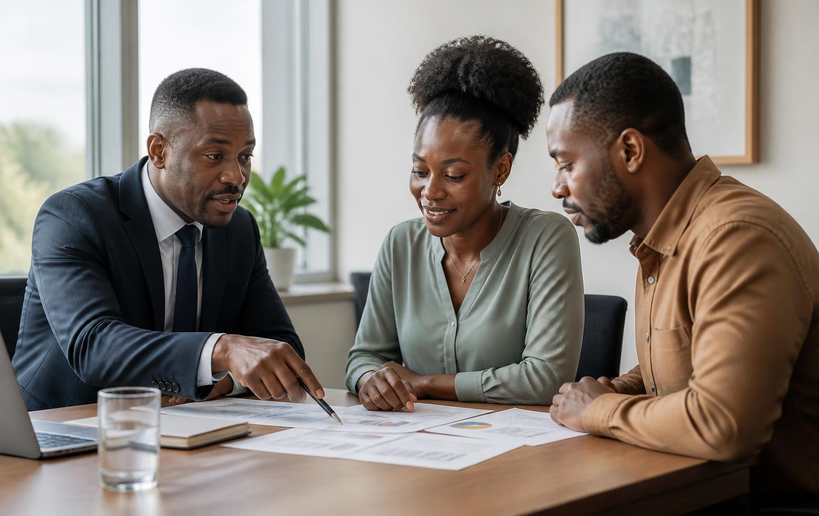 Advisors and a business owner working through financial documents