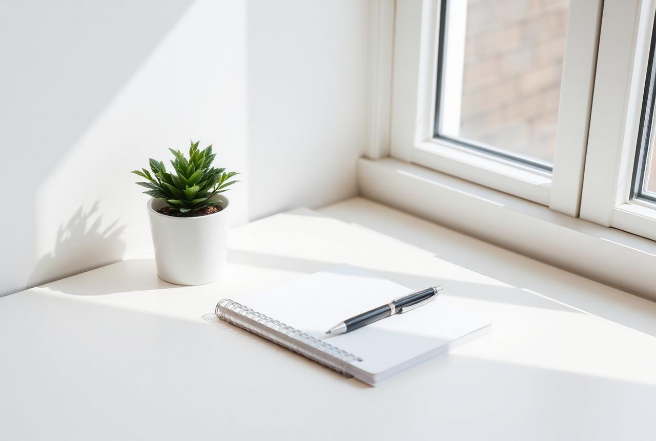 A notebook, pen and plant on a bright desk